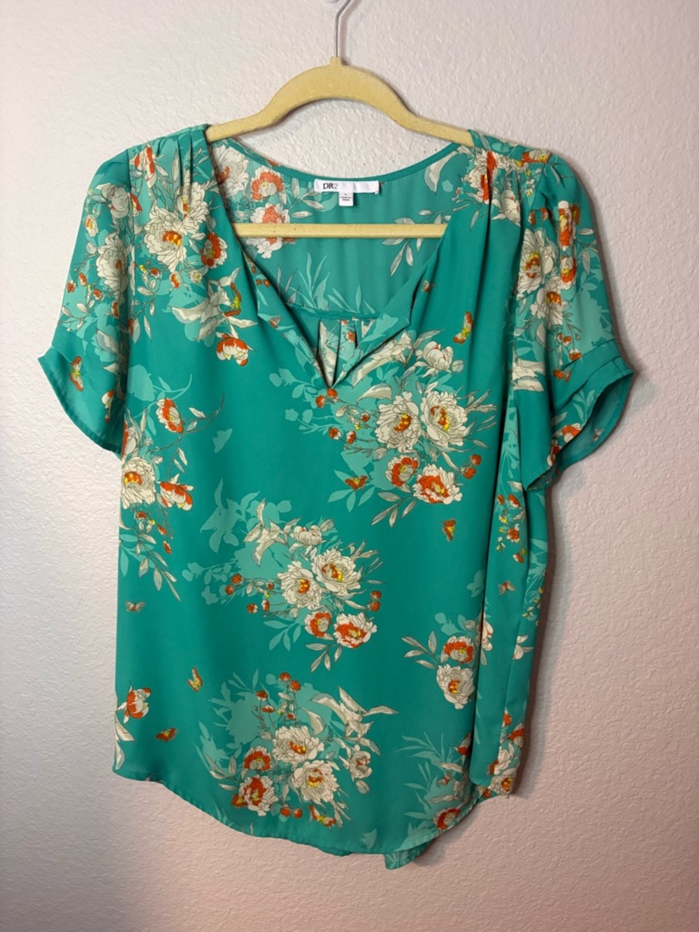 DR2 Teal Floral V-Neck Blouse with Short Sleeves